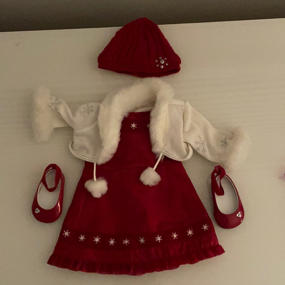 American girl doll scarlet and snow outfit set.